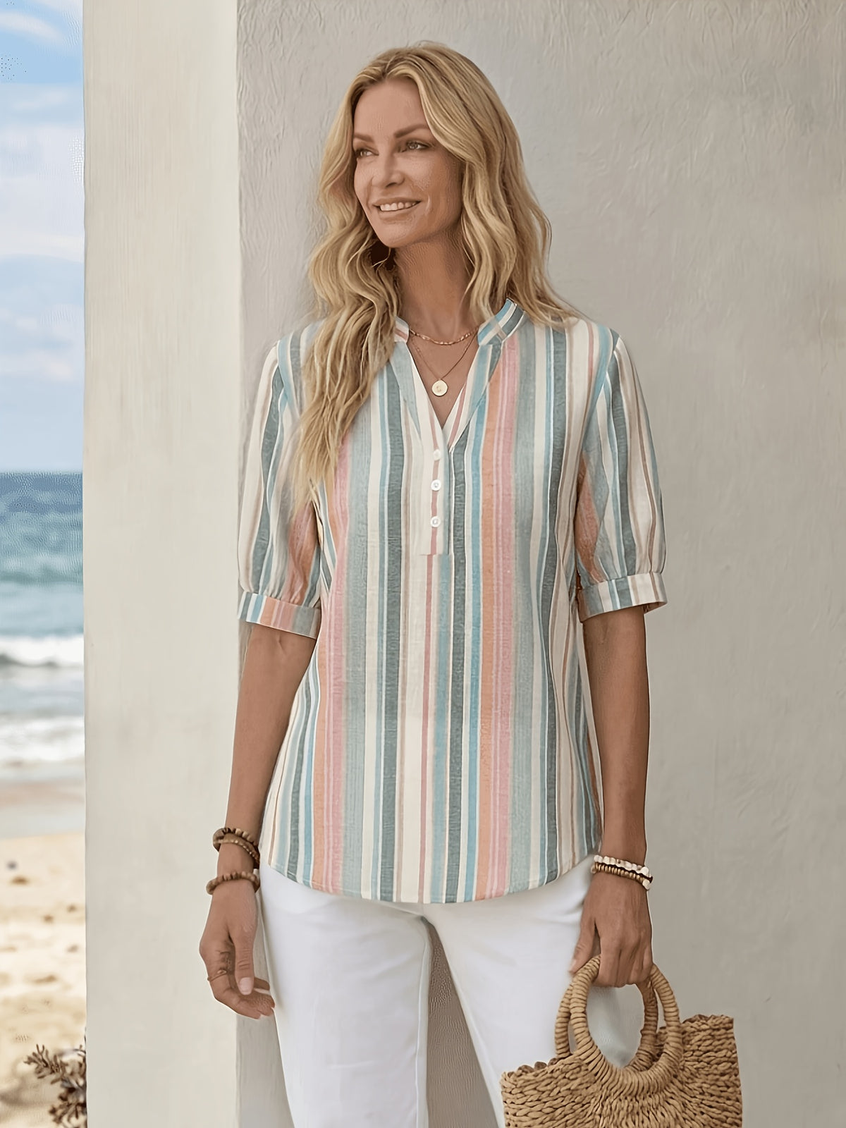 Striped V-neck Short Sleeve Shirt Universal - Mixed colors