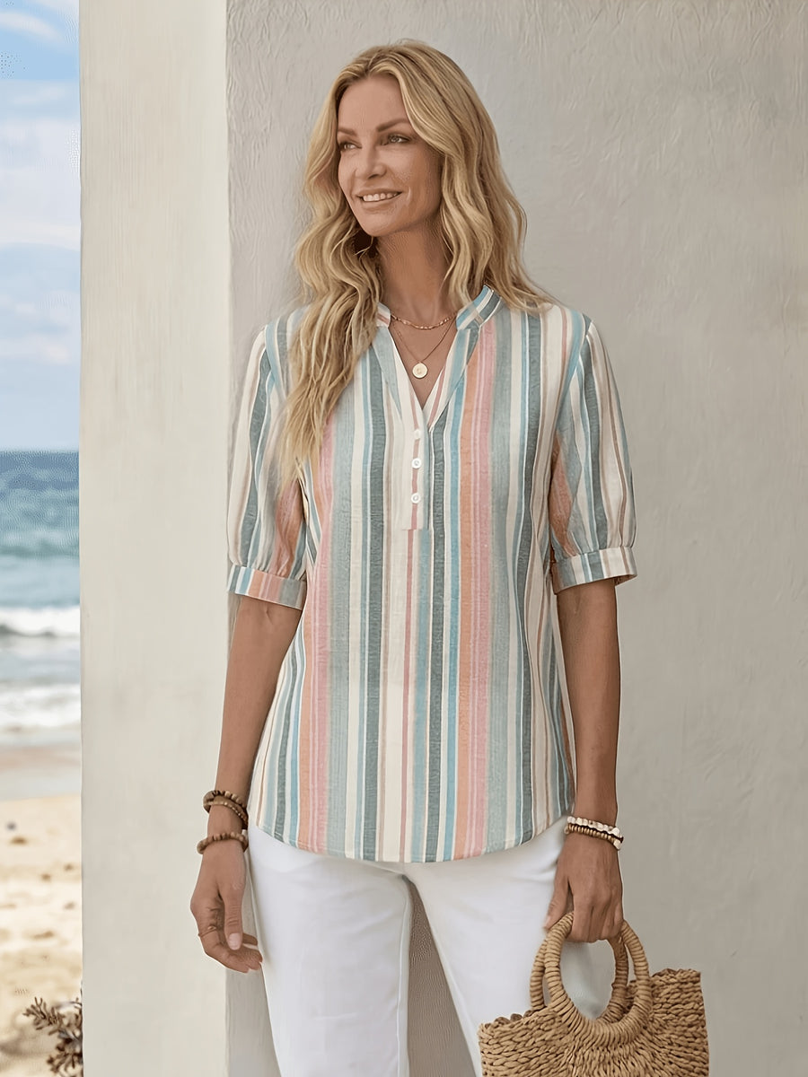 Striped V-neck Short Sleeve Shirt Universal - Mixed colors