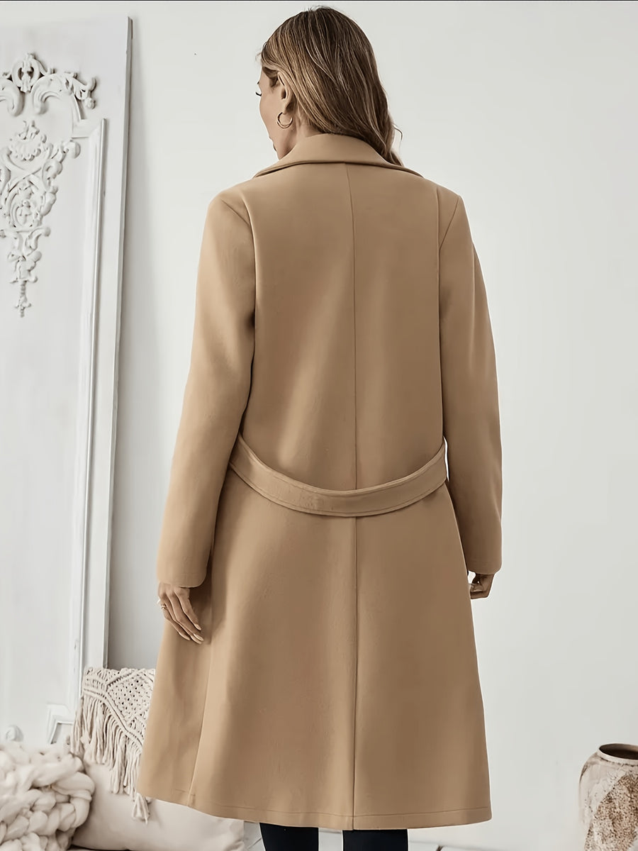 New Autumn/Winter Classic Notched Lapel Long Coat for Women, Waist-Cinching with Tie Belt and Two-Button Design, Over-the-Knee Outerwear, Elegant Commuter Style, Draped and Structured Long-Sleeve Coat with Side Pockets, Simple and Versatile, Slim Fit - Yellowish-brown