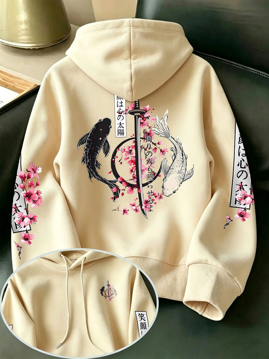 Men's New Fashion Hooded Sweatshirt, Cherry Blossom Samurai Sword Yin Yang Koi Japanese Washoku Style Print with Multi-Pattern Design, Large Pocket Hoodie with Adjustable Drawstrings, Comfortable and Versatile Pullover Hoodie with Kangaroo Pocket - Apricot
