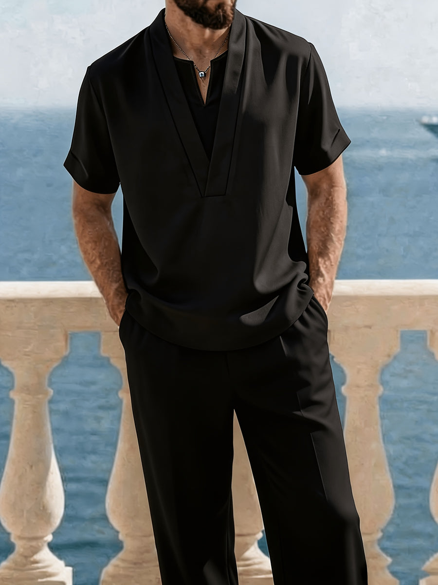 Men's Summer V-Neck Short Sleeve T-Shirt - Solid Color Casual Beach Shirt Suitable for Travel, Resort Wear & Vacation, Machine Washable Breathable Style for Boardwalk, Poolside, Everyday Use (No Transparency) - Black