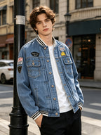 Embroidered Badge Denim Jacket Men'S Slim Fit Denim Jacket Spring And Autumn New 2026 Autumn And Winter Fashion Street Trend Casual Versatile Denim Jacket - Vintage Blue