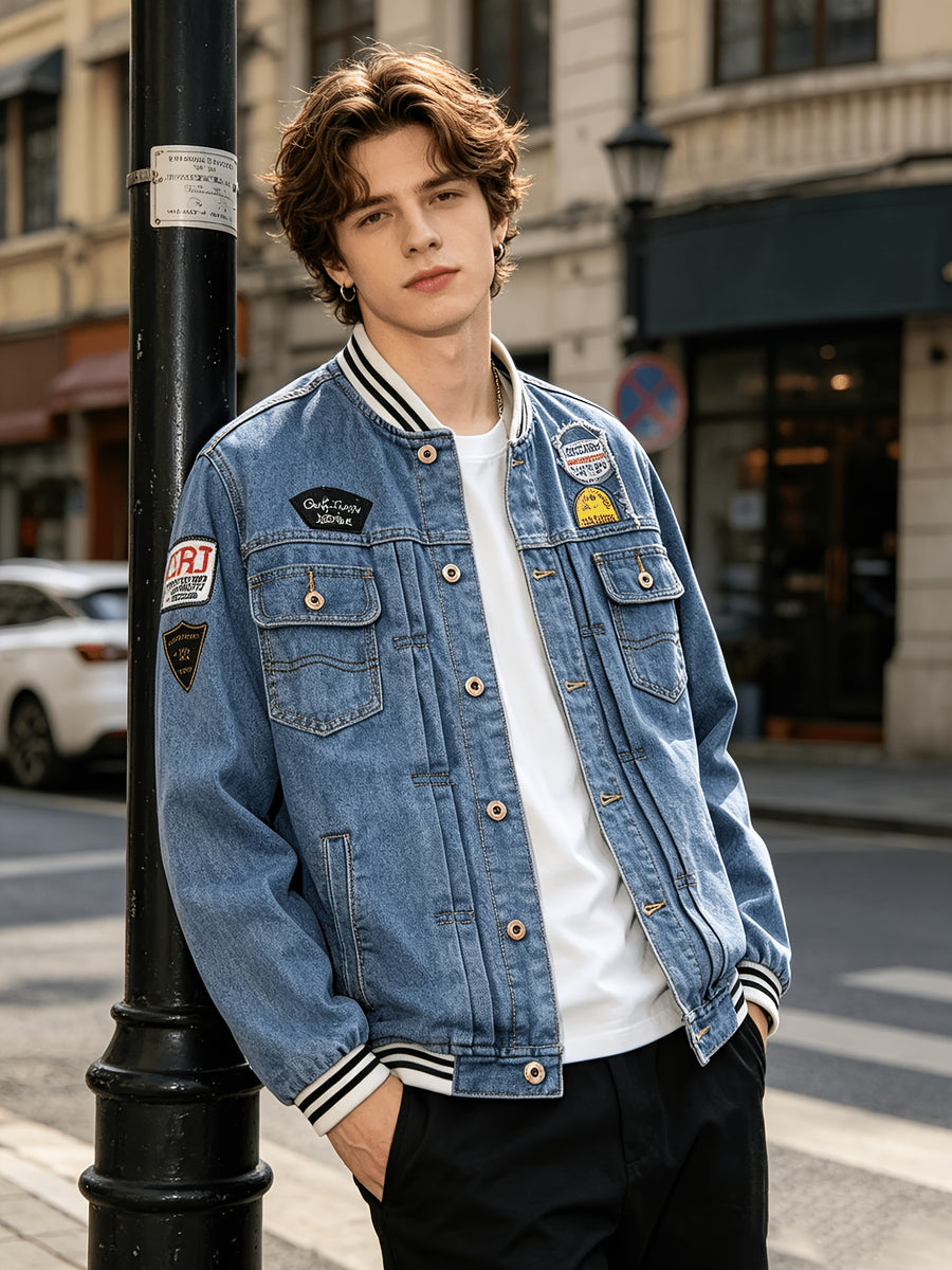 Embroidered Badge Denim Jacket Men'S Slim Fit Denim Jacket Spring And Autumn New 2026 Autumn And Winter Fashion Street Trend Casual Versatile Denim Jacket - Vintage Blue