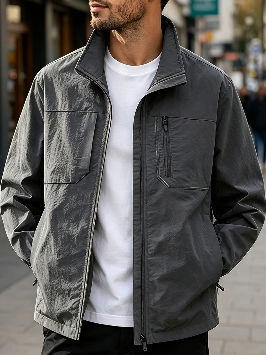 DIFFELEMENT Men'S Stand-Collar Tech Cargo Jacket, Lightweight Breathable Woven Fabric Windproof High Collar Full Zipper Front with Large Pockets And Dual Storage Design, Regular Fit for City Commute, Outdoor Hiking, Daily Layering, Casual Scenarios - Dark Gray