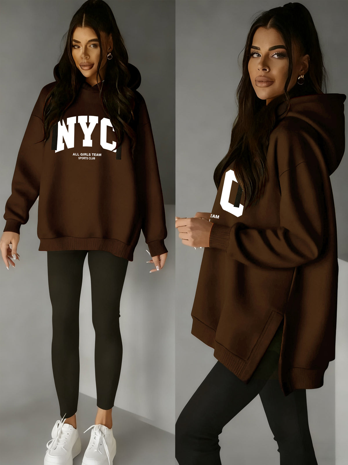 Women'S Stylish Hoodie with Side Slits And Drawstring for Autumn And Winter, Perfect for And Casual Wear, Featuring Cute Prints And a Comfortable Fit, Available in Multiple Colors - Dark Brown