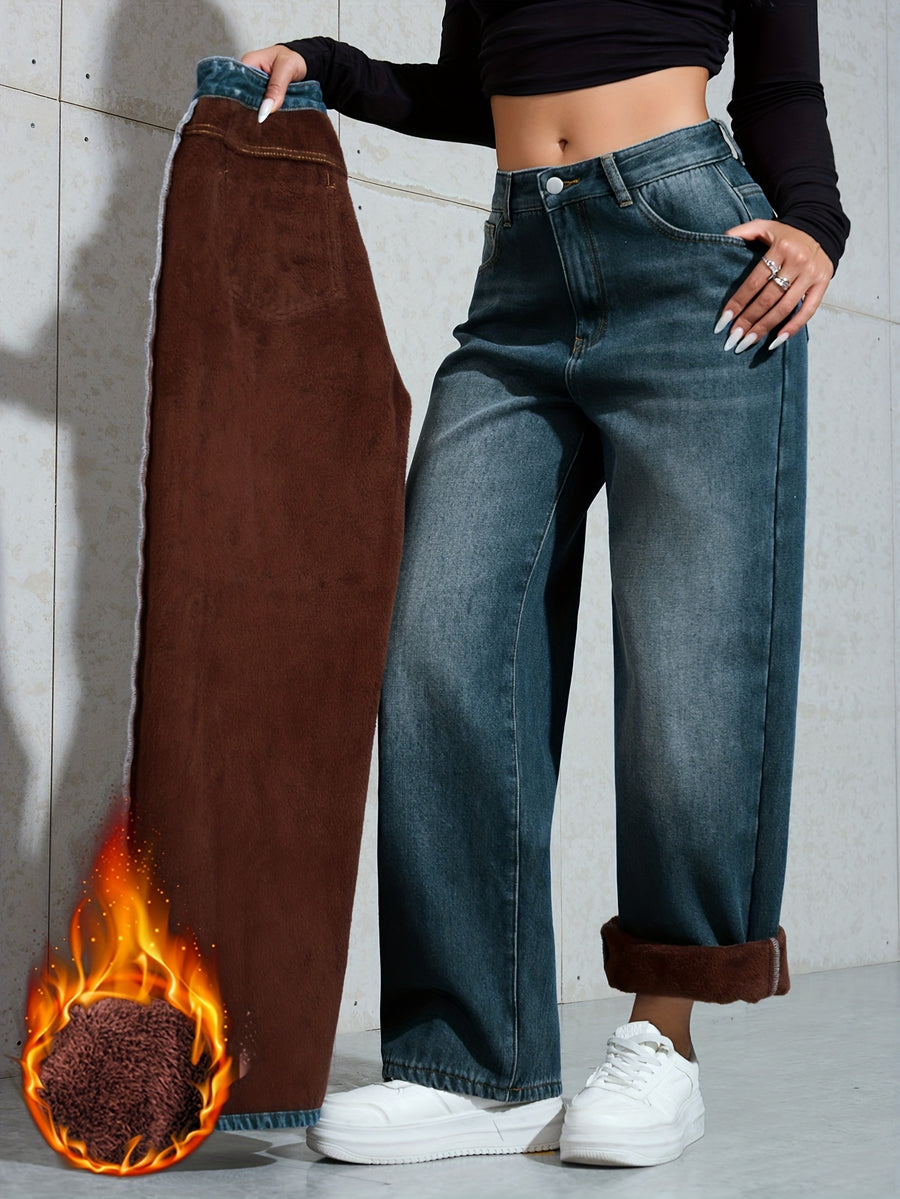 Women'S Vintage Plush Thickened Warm Fashionable Versatile Trendy Wide Leg Straight Leg Multi-Process Washed Denim Long Pants Without Belt - Blue