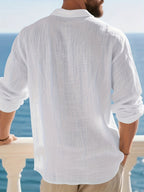 [Pearson OBM] Men'S Casual Fashion Breathable Soft Linen Texture Fabric Anti-Wrinkle Versatile Suitable for Daily Work Commuting Island Vacation Light Business Men'S Shirt - White
