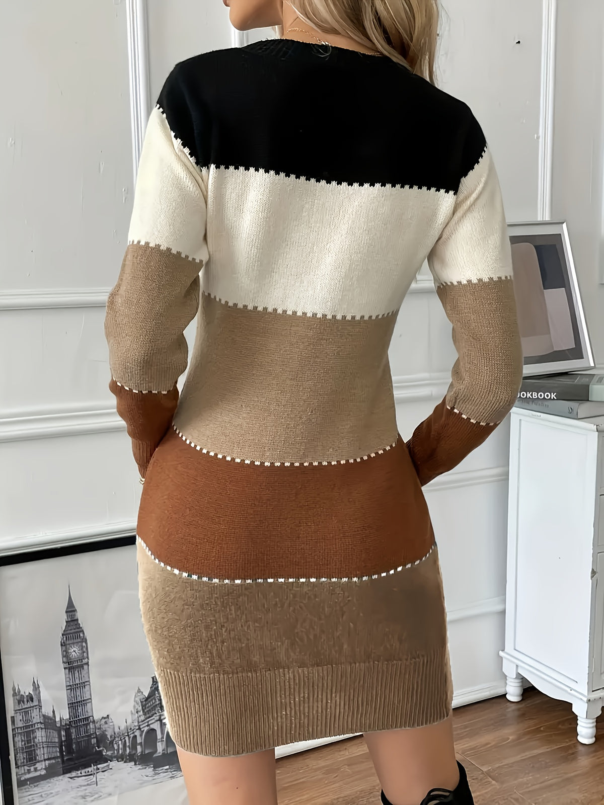 Women'S Easy Slim-Fitting Patchwork Casual Comfortable Color-Block Round Neck Sweater Dress - Camel