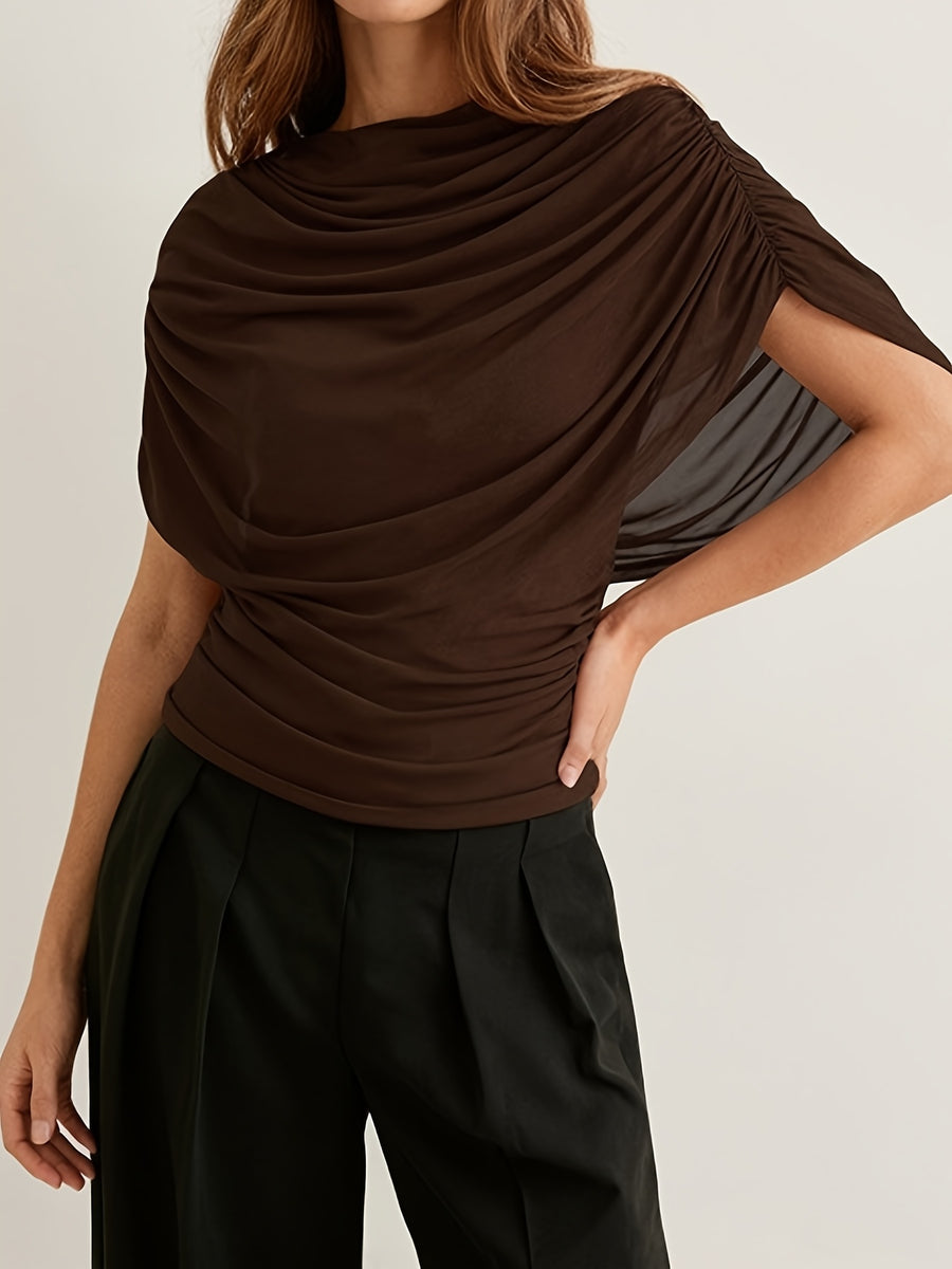European and American Style Cross-border Women's Clothing Autumn and Winter New Scarf Collar Pleated Sleeveless Slim Top - Dark Brown