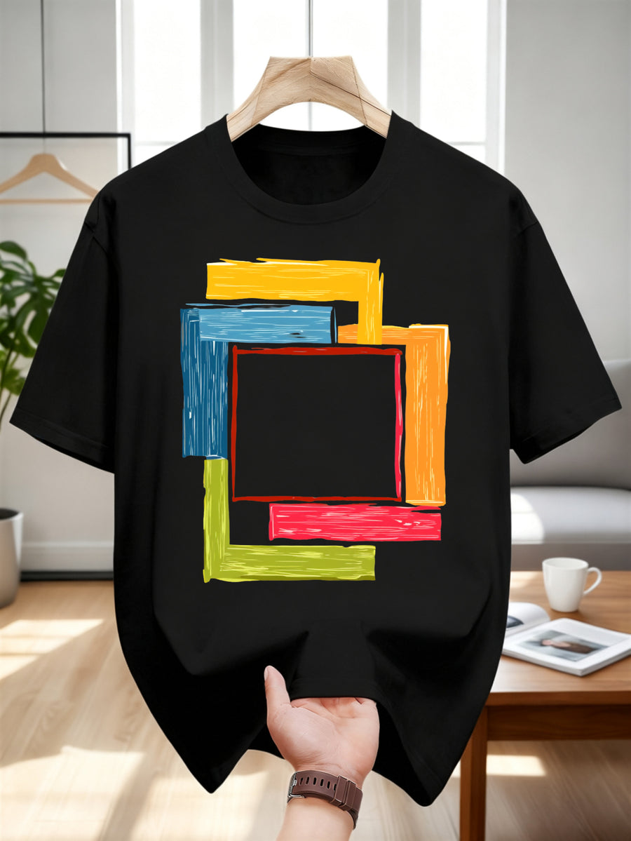 2026 Men'S Casual Short Sleeve T-Shirt with Hand-Painted Multi-Color Square Pattern Design - Summer Round Neck Tee Suitable for Beach, Picnic, And Casual Wear - Hand Washable Art Top, Regular Fit, 100%, Machine Washable, Sizes S-2XL - Black
