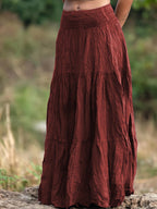 Women's Casual Western-Style Long Pleated Skirt with Drawstring Waist, Multi-Layer Texture for Vacation, Leisure, and Daily Wear - Brick Red