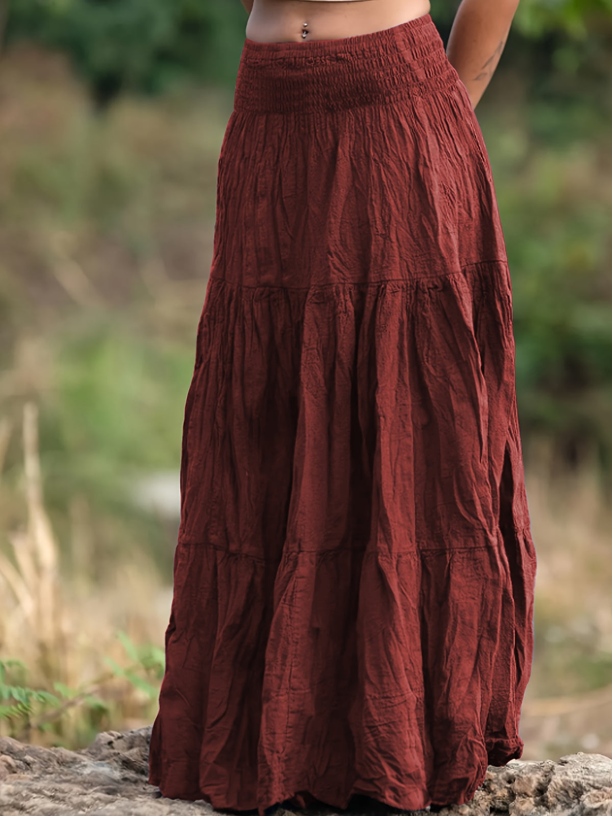 Women's Casual Western-Style Long Pleated Skirt with Drawstring Waist, Multi-Layer Texture for Vacation, Leisure, and Daily Wear - Brick Red