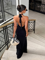 Women's Elegant Halter Neck Off-Shoulder Bodycon Dress - Fitted Waist Long Gown with Back Tie-Back Closure, High Elasticity Suitable for Parties, Weddings, Prom, Beach Vacations, Machine Washable Solid Color Dress - Black