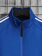 [Pearson OBM] Men'S Spring Autumn Casual Easy All-Match Outdoor Sports Jacket, Small Stand Collar Solid Color with Three Stripes, Side Seam Zipper Pockets, Elastic Cuffs And Hem Design, Full Zip Closure Coat, Suitable for Vacation, Sports - Blue