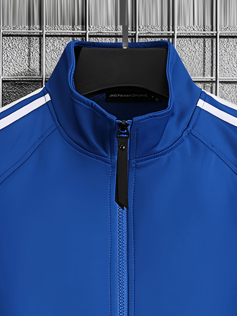 [Pearson OBM] Men'S Spring Autumn Casual Easy All-Match Outdoor Sports Jacket, Small Stand Collar Solid Color with Three Stripes, Side Seam Zipper Pockets, Elastic Cuffs And Hem Design, Full Zip Closure Coat, Suitable for Vacation, Sports - Blue