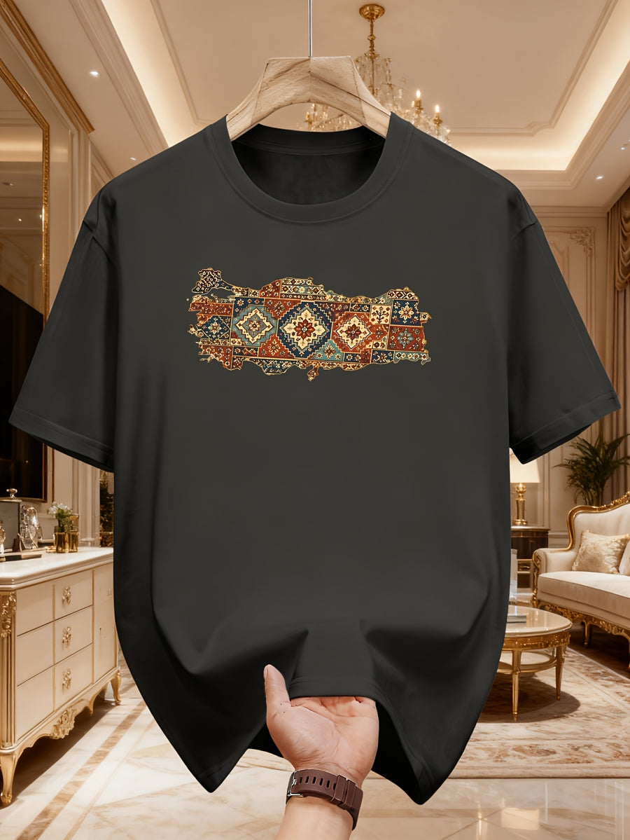 New Pure Cotton Retro Mens Tshirt with National Geometric Carpet Pattern Comfortable and Soft Home Clothes Suitable for Daily Wear and Home Office Clothing Suitable for All Seasons - Space Gray