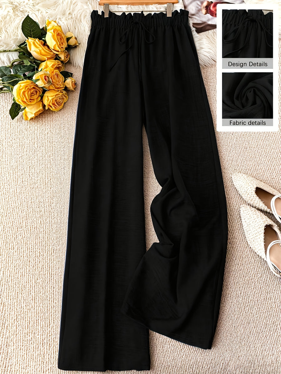 Women's Elegant Solid Color Faux Drawstring Waist Comfortable Long Pants - Black