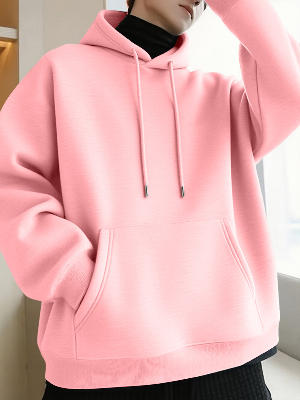 Thanksgiving Men's Hoodie with "AMOR" Blue Ink Splatter Graffiti Print on the Back, Warm and Comfortable Autumn/Winter Hooded Sweatshirt, Featuring a Practical Kangaroo Pocket, Trendy Brand-Style Stacked Letter Pattern and Floral Design - Pink