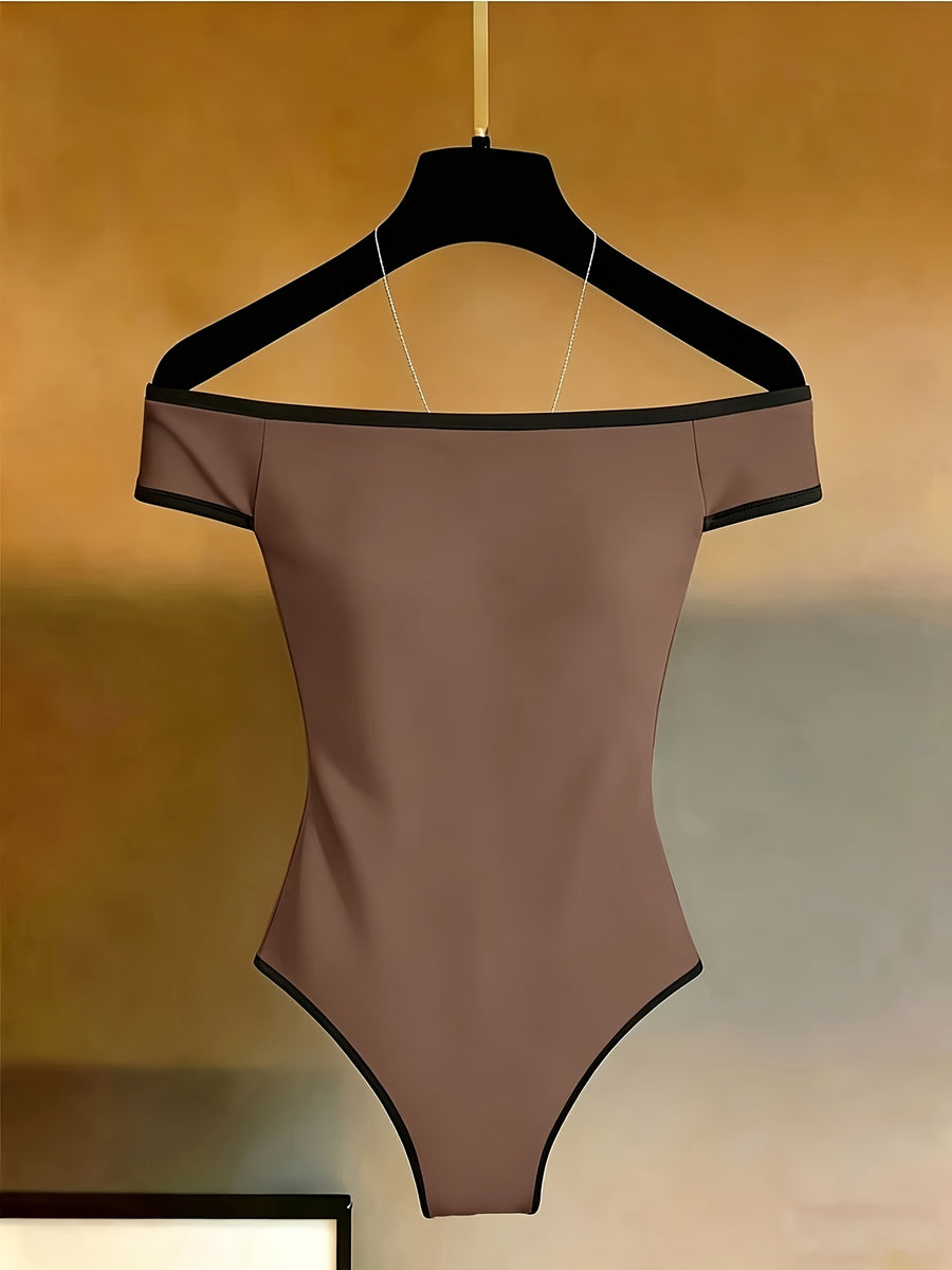 Women'S Off-Shoulder Bodycon Jumpsuit, Minimalist All-Match, Outdoor Vacation, Daily Casual Wear, White Jumpsuit - Dark Brown