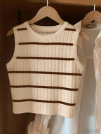 Women'S Fashion Striped Round Neck Tank Top - Khaki