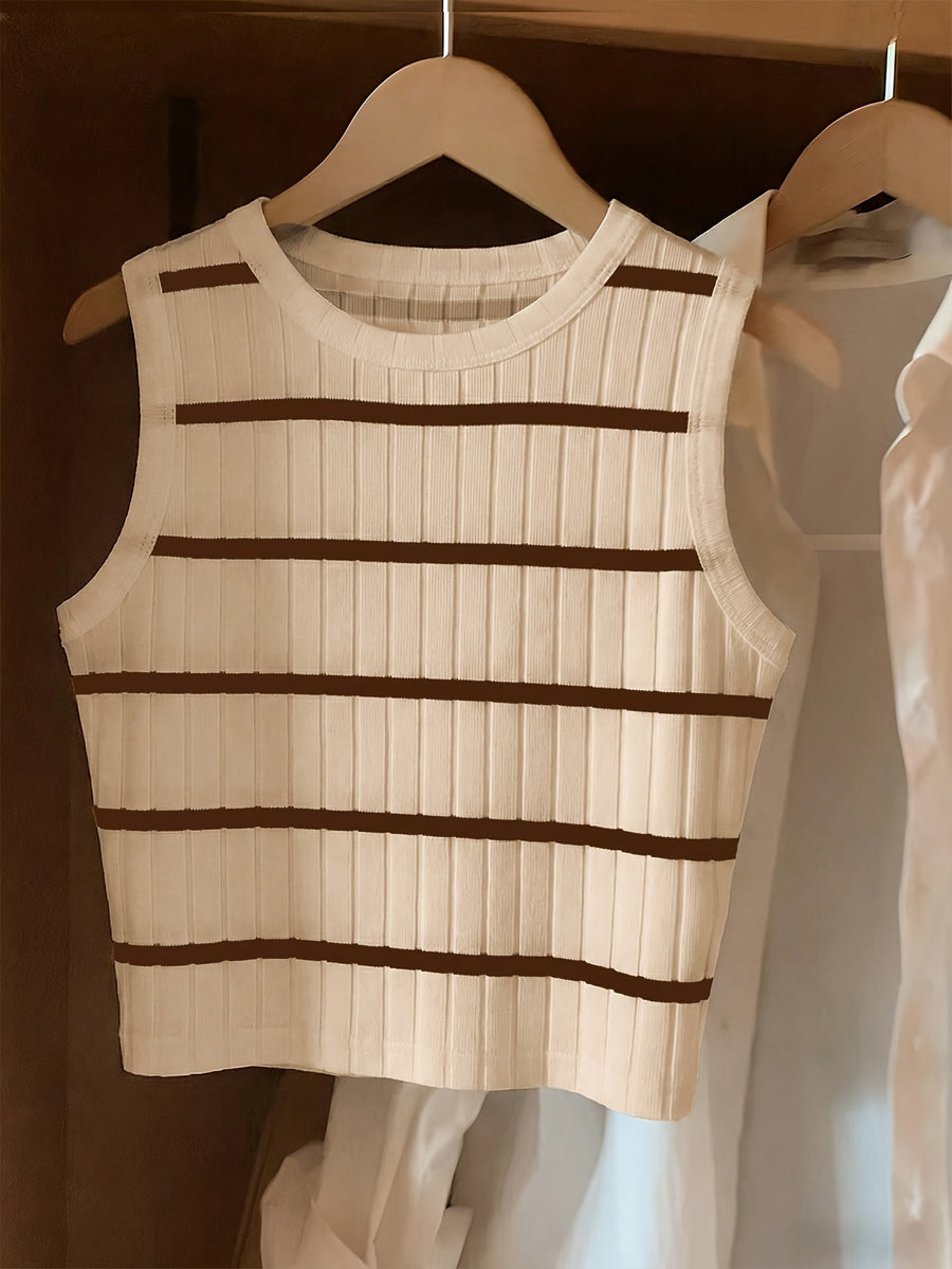 Women'S Fashion Striped Round Neck Tank Top - Khaki