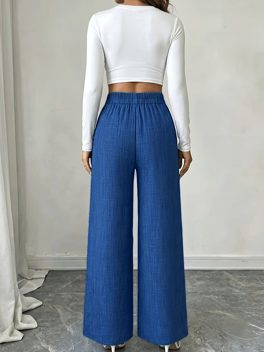 [Printed Pants - Not Faux Denim Fabric]Women'S Elegant Commute Trousers, Metallic Waist Detail Design Long Pants, Faux Denim-Like Fabric ASD1 - Blue