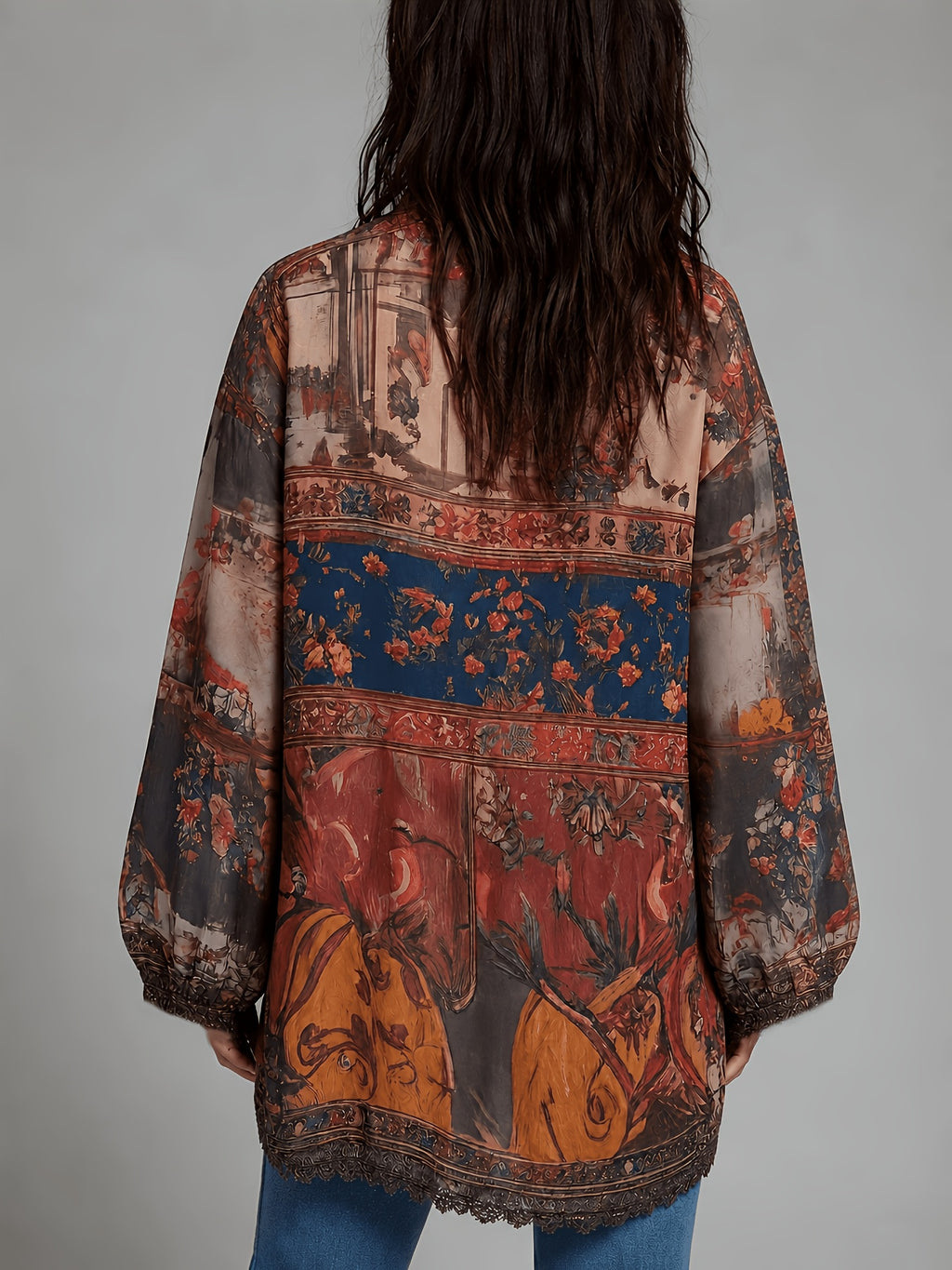 Boho Floral Zip-Up Cardigan Women Long Sleeve Chiffon Shirt Fall Winter Lantern Sleeve Loose Beach Cover Up - Mixed colors