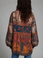 Boho Floral Zip-Up Cardigan Women Long Sleeve Chiffon Shirt Fall Winter Lantern Sleeve Loose Beach Cover Up - Mixed colors