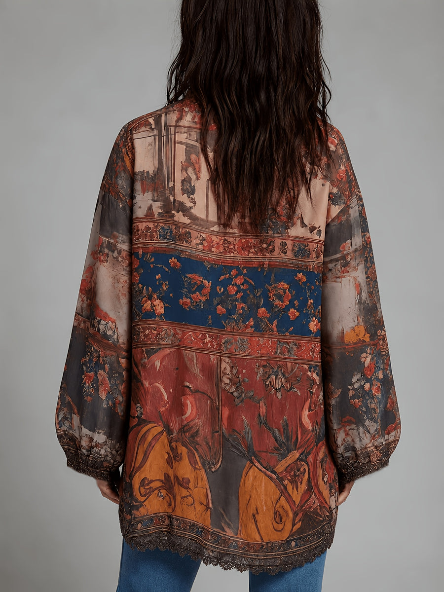 Boho Floral Zip-Up Cardigan Women Long Sleeve Chiffon Shirt Fall Winter Lantern Sleeve Loose Beach Cover Up - Mixed colors