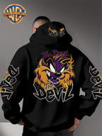 Le Yitong Big Mouth Monster The Devil Flame Print Hooded Sweatshirt, with Sleeve Print Design, Kangaroo Pouch And Drawstring Hood, Suitable for Autumn/Winter Casual Wear And Outdoor Activities - Black