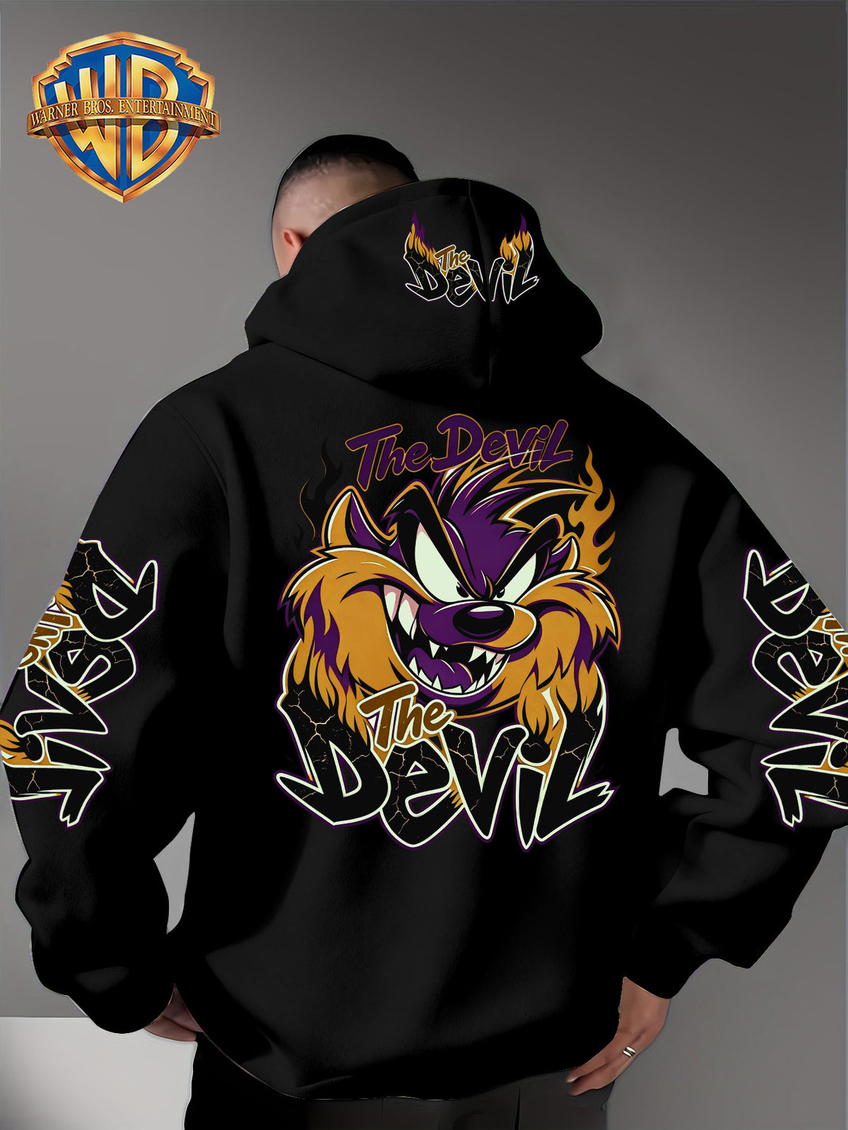 Le Yitong Big Mouth Monster The Devil Flame Print Hooded Sweatshirt, with Sleeve Print Design, Kangaroo Pouch And Drawstring Hood, Suitable for Autumn/Winter Casual Wear And Outdoor Activities - Black