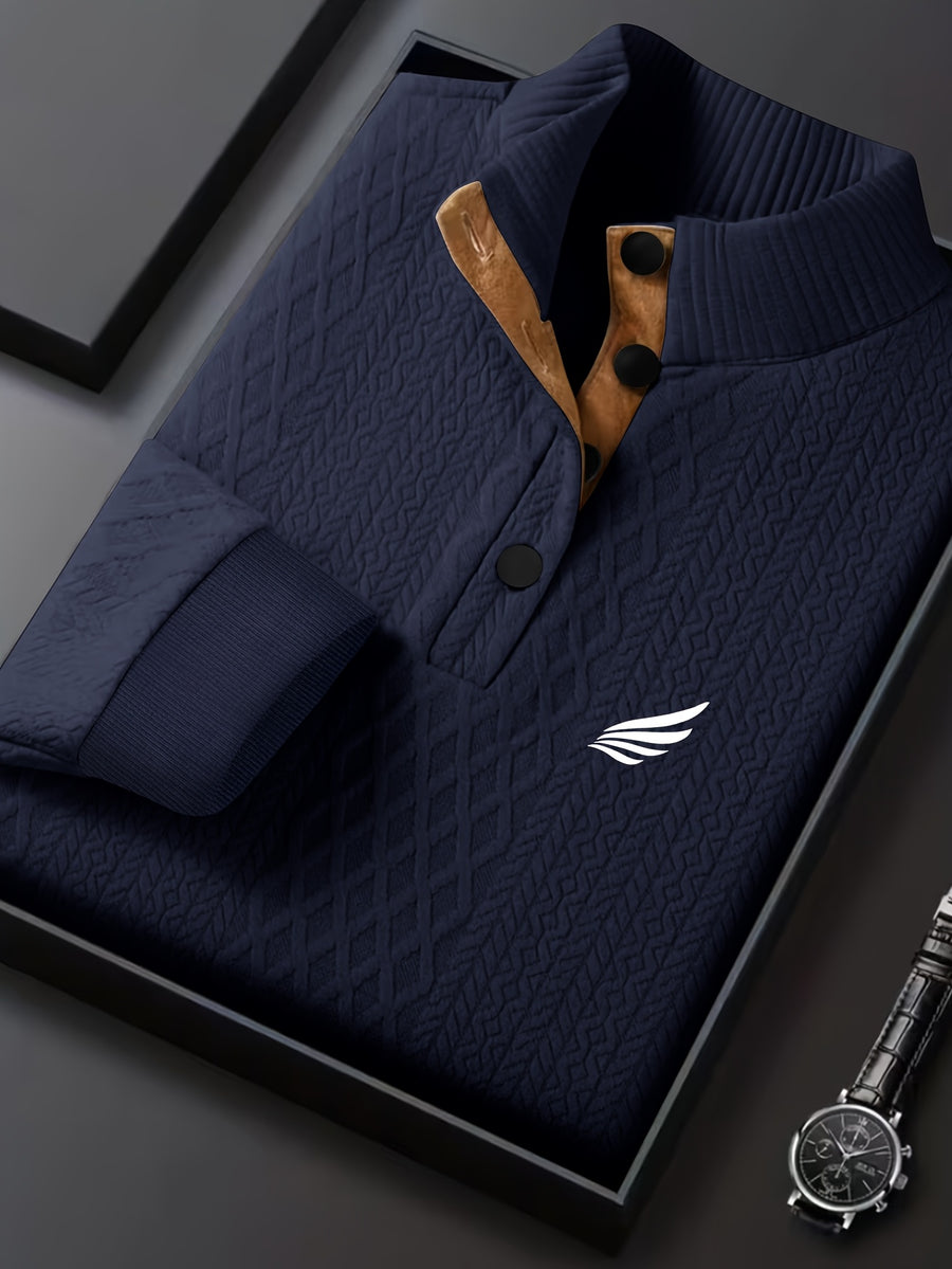 Men's New Jacquard Top with Textured Classic Stand Collar to Enhance Neckline, Half-Button Placket Continuing Vintage Henley Style, Patchwork Design Fashion Knit Shirt - Navy Color