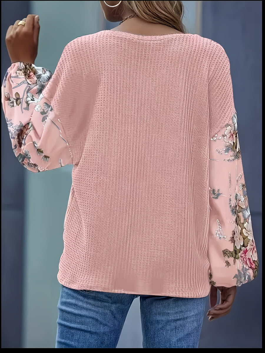 Holiday Floral Print Lantern Sleeve T-Shirt - Pink