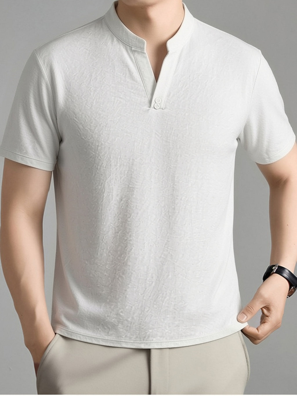 Men's Summer Short-Sleeve T-Shirt, Featuring a Stand-up Collar and Henry Collar Dual Design, with a Comfortable Texture Suitable for Both Business and Casual Wear - White