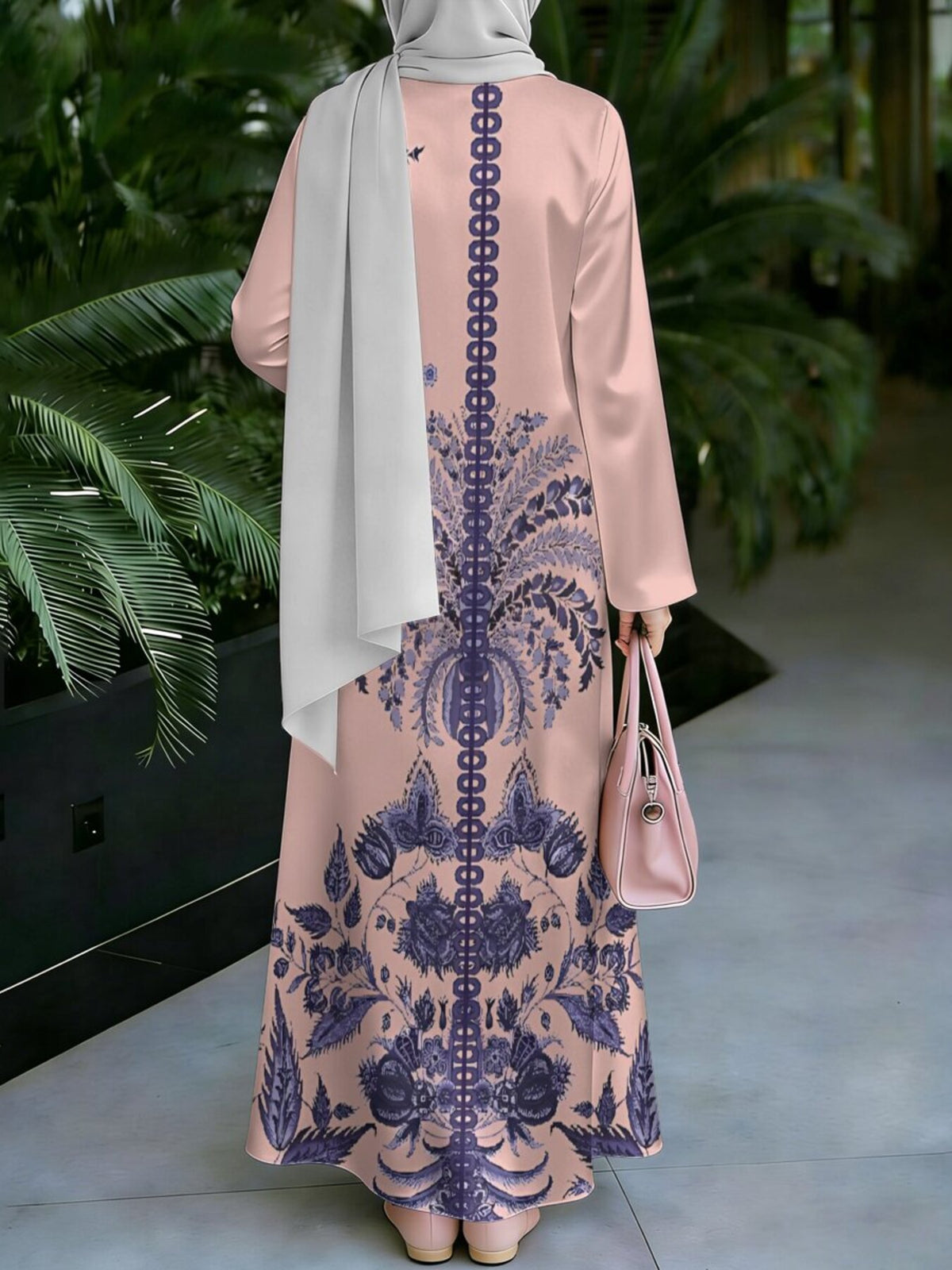 Women's Middle Eastern Style Muslim Elegant Robe, Light Pink Base with Dark Blue Vintage Floral Print Maxi Dress, Loose Fit with Long Sleeves and Full Skirt, for Parties, Prayers, Outings, and Dates, Soft Fabric Without Embroidery, Multiple Sizes - Mixed colors