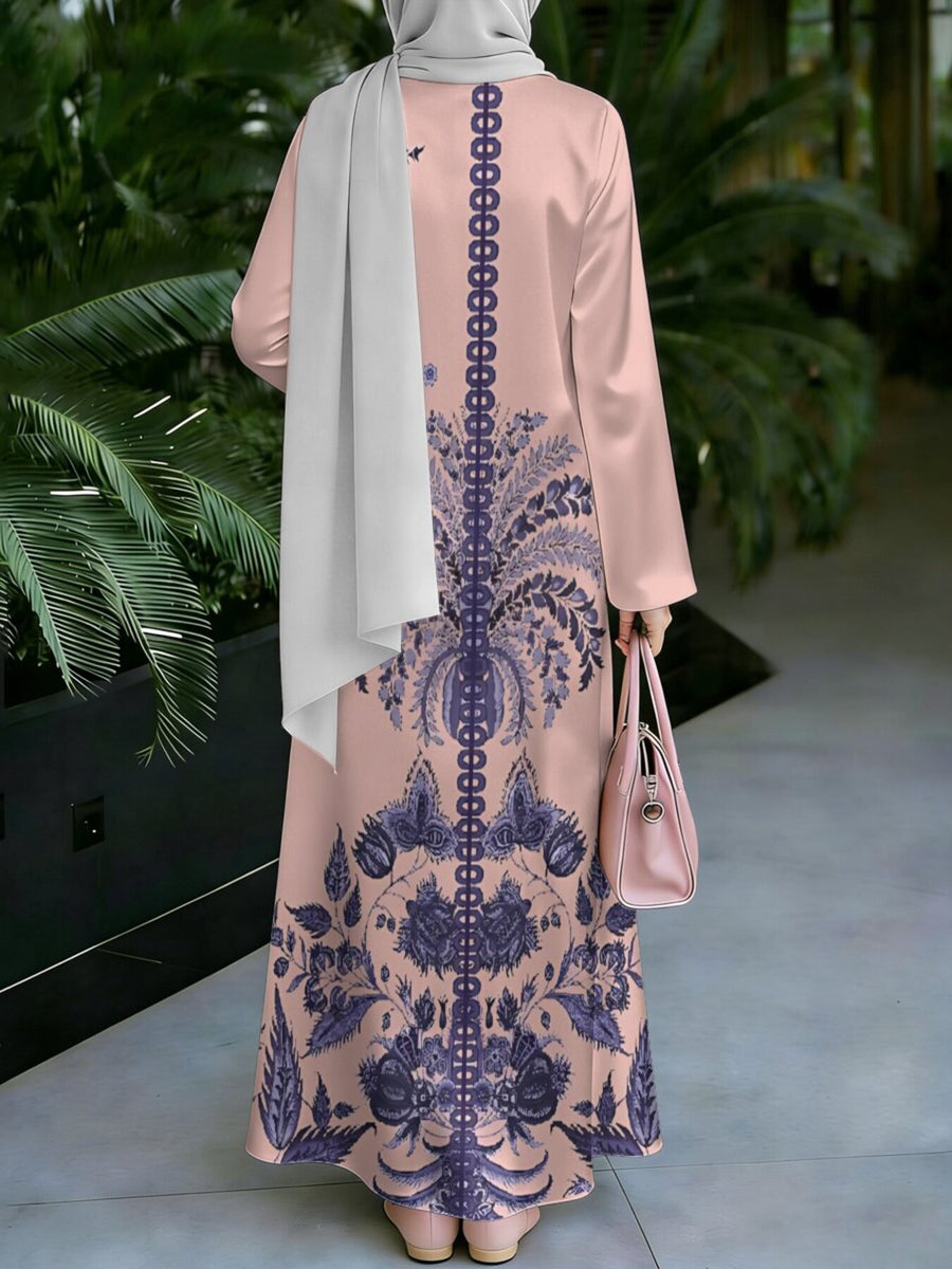 Women's Middle Eastern Style Muslim Elegant Robe, Light Pink Base with Dark Blue Vintage Floral Print Maxi Dress, Loose Fit with Long Sleeves and Full Skirt, for Parties, Prayers, Outings, and Dates, Soft Fabric Without Embroidery, Multiple Sizes - Mixed colors