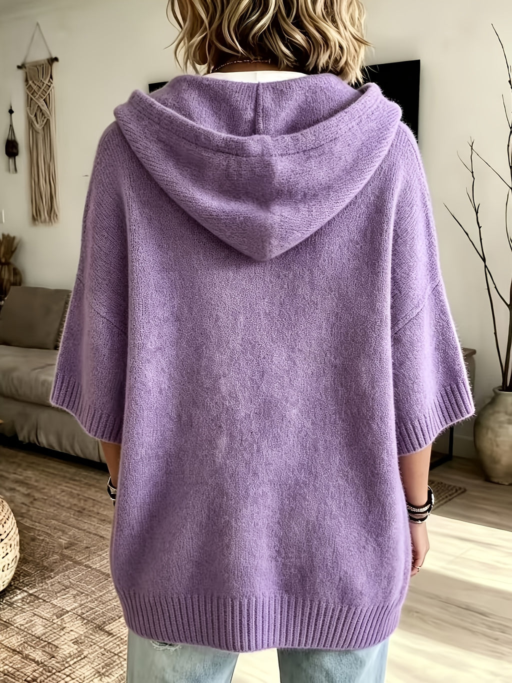 Women's Elegant Casual Three-Quarter Sleeve Drawstring Hooded Sweatshirt - Purple