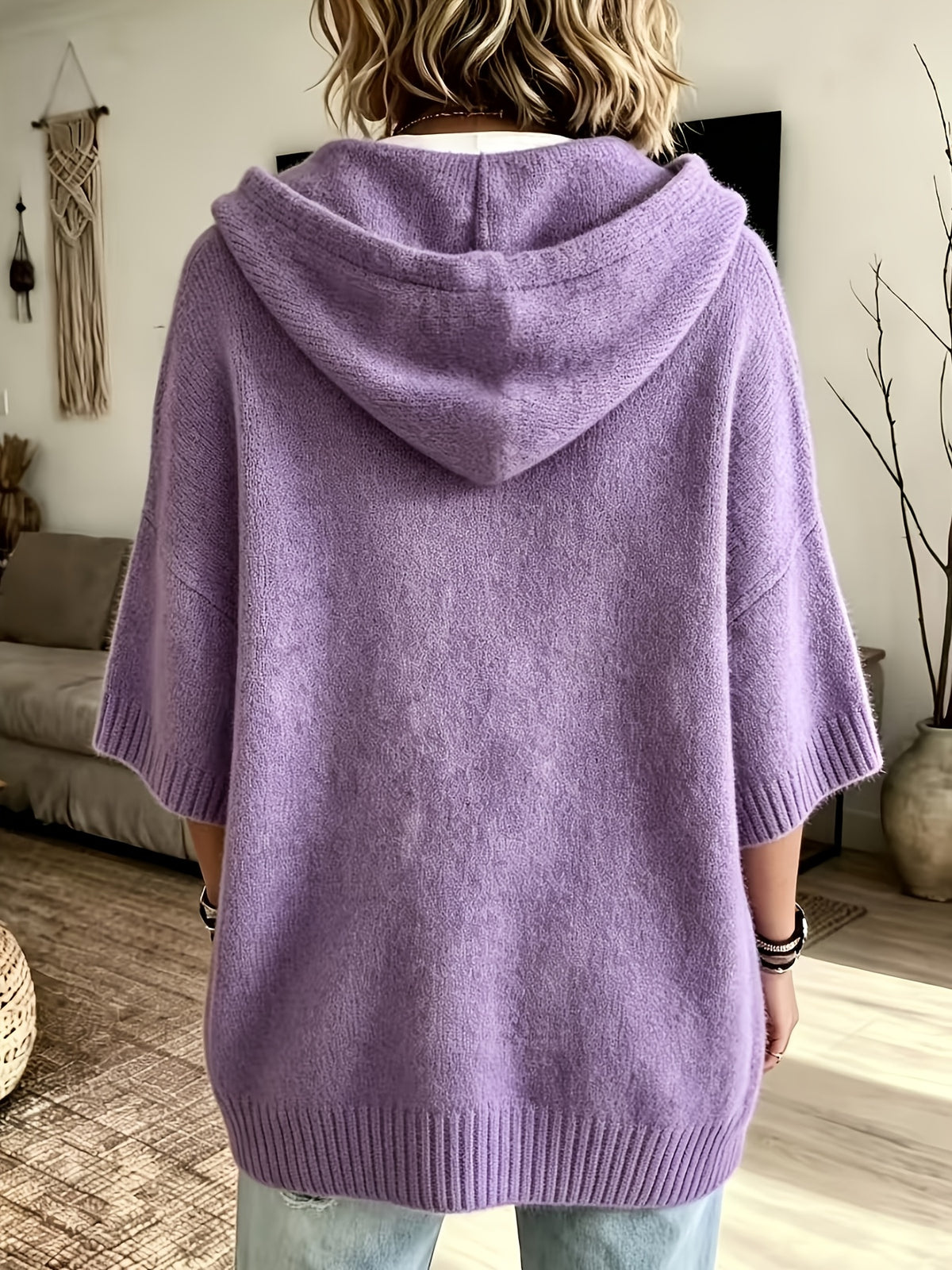 Women's Elegant Casual Three-Quarter Sleeve Drawstring Hooded Sweatshirt - Purple