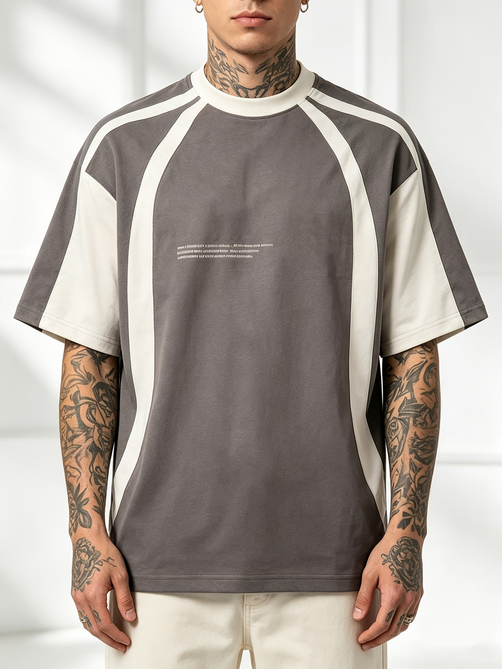 Men's Gray & White Color-Block T-Shirt - Breathable Short Sleeve Round Neck Top with Contrast Line Design | Loose Fit Suitable for American/European Casual Wear, Machine Washable Summer Shirt for Gym, Everyday Outfits & Layering - Mixed colors