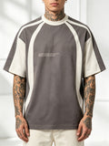 Men's Gray & White Color-Block T-Shirt - Breathable Short Sleeve Round Neck Top with Contrast Line Design | Loose Fit Suitable for American/European Casual Wear, Machine Washable Summer Shirt for Gym, Everyday Outfits & Layering - Mixed colors