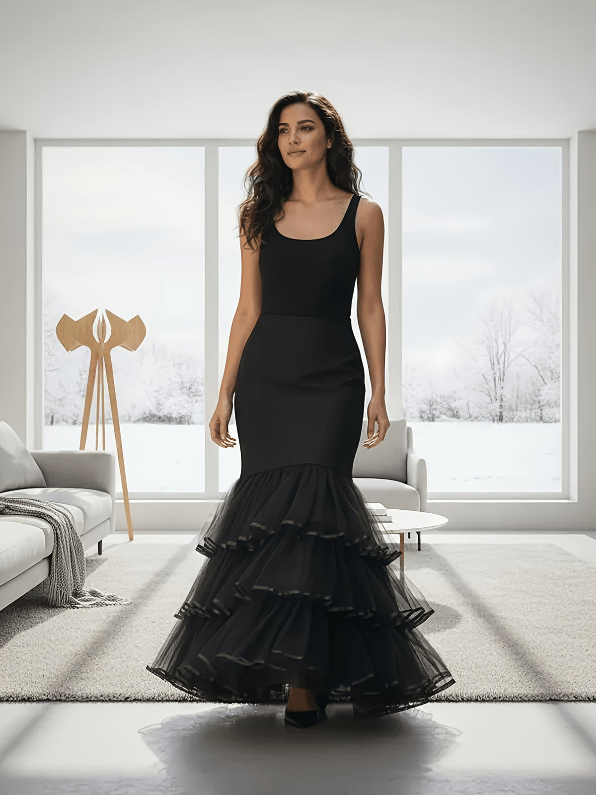 1pc Women'S Black And White Mermaid Dress with Waist Cincher, Three Layers of Tulle Ruffled Lace And 1pc Crinoline Hoop, Elegant Bridal Slip, Inner Wear for Princess Ball Gowns And Cheongsams, Women'S Autumn Apparel for Vacations And Trips - Black