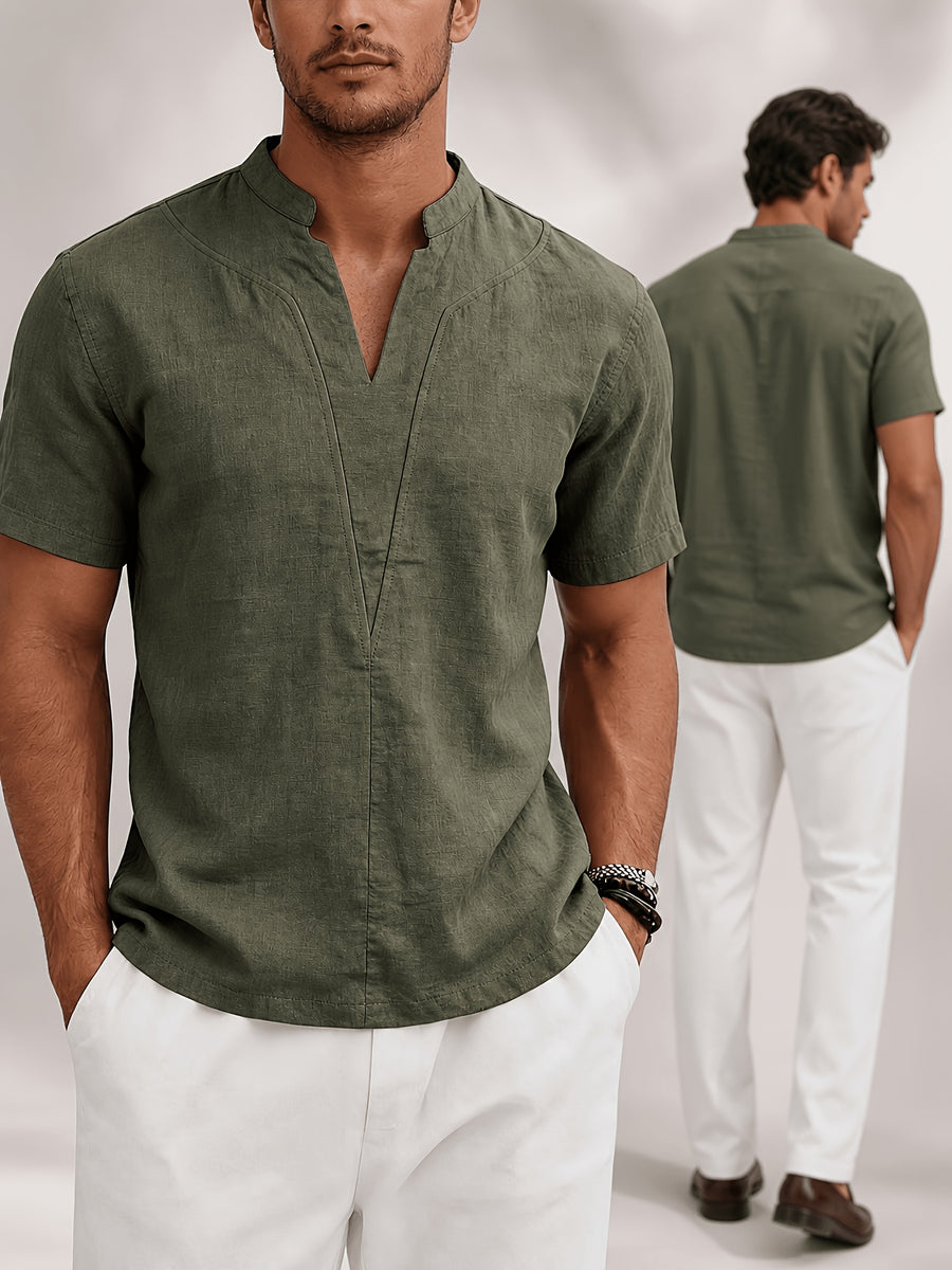 Men'S Minimalist Summer Casual Shirt, Linen Texture Short Sleeve Stand Collar V-Neck Pullover, Soft And Breathable, Loose Fit, Suitable for Business Casual, Vacation, Weekend Gatherings, And More - Army Green 1-Piece Set