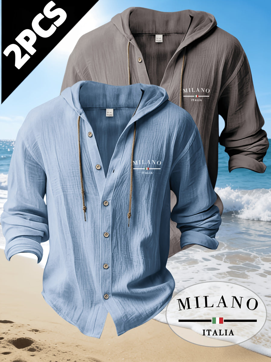Zhiyu OBM 2pcs Men's Fashion Casual Beach Style Hooded Long Sleeve Open Front Cardigan | High-End Skin-Friendly Soft Shirt | 100% | Essential Golf Beach Polo Outfit | Breathable and Lightweight | for Indoor Gatherings and Outdoor Sports | Wardrobe - Blue+gray