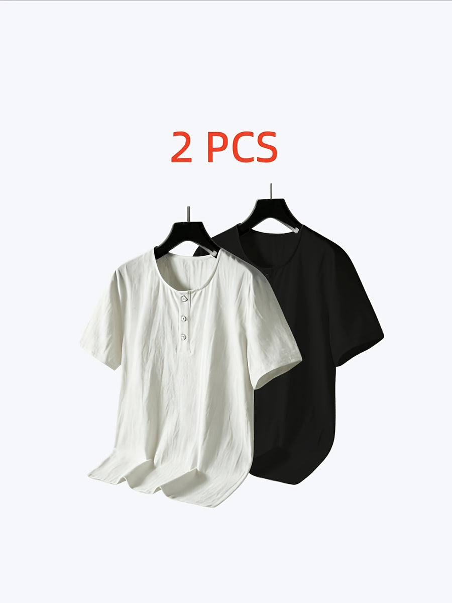2pcs Washed Wrinkled Textured Crew Neck Henry Short Sleeve T Shirt Set Half Placket Multi Buttons Loose Drop Shoulder Men Island Vacation Solid Breathable Casual Tee Twin Set - Light White+Black Color