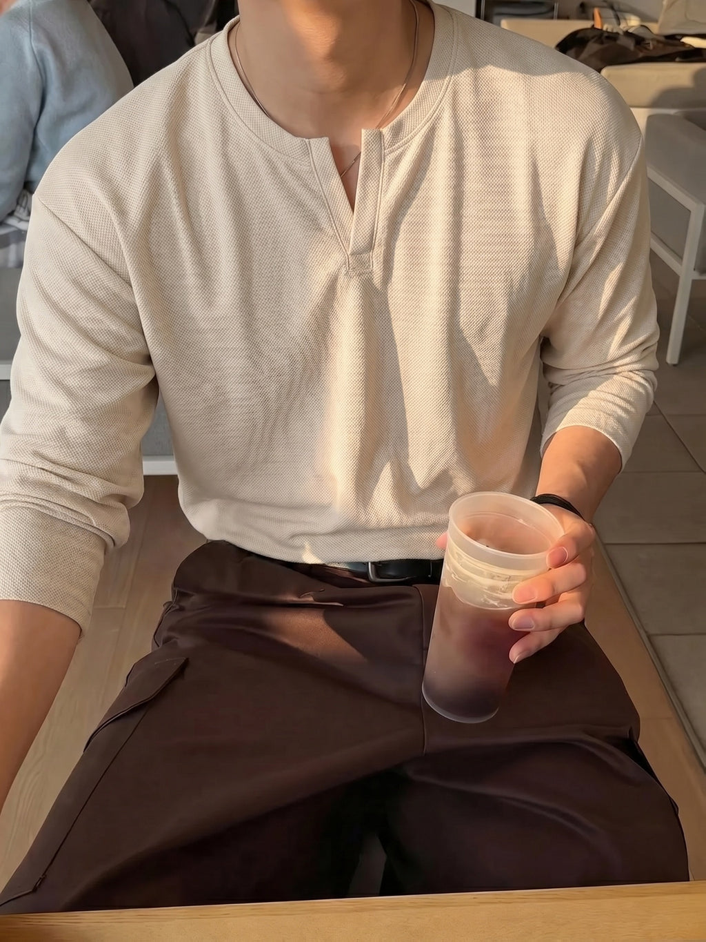 Men'S Casual V-Neck Plaid Apricot Long-Sleeve T-Shirt, Suitable for Everyday Outdoor Wear, Running, Fitness, Fishing, And As a Gift, Knit - Apricot