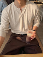 Men'S Casual V-Neck Plaid Apricot Long-Sleeve T-Shirt, Suitable for Everyday Outdoor Wear, Running, Fitness, Fishing, And As a Gift, Knit - Apricot