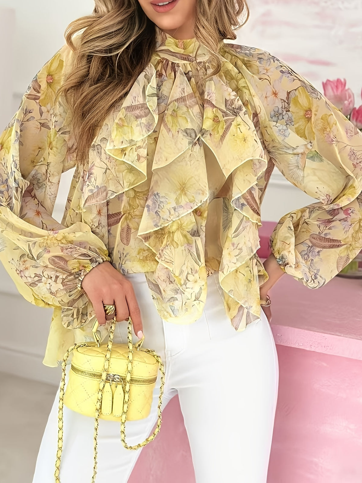Women'S French Romantic Style Floral Print Ruffled Back Tie Bow Chiffon Blouse, Spring Summer New Elegant Vintage Yellow Floral Stand Collar Semi-Sheer Puff Sleeve Shirt, Individual Design Short Front Long Back, Outdoor Travel, Beach Vacation - Multicolor