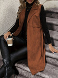 Elegant and Fashionable Lapel Collar Buttonless Belted Long Vest, Versatile Women's Wear for Daily Life, Outings, Dates, Clubs, Parties, and Travel, Multi-Layer Styling, Classic Design, Exquisite Details, Fashionable Top, Weekend Wear, All-Season - Rust