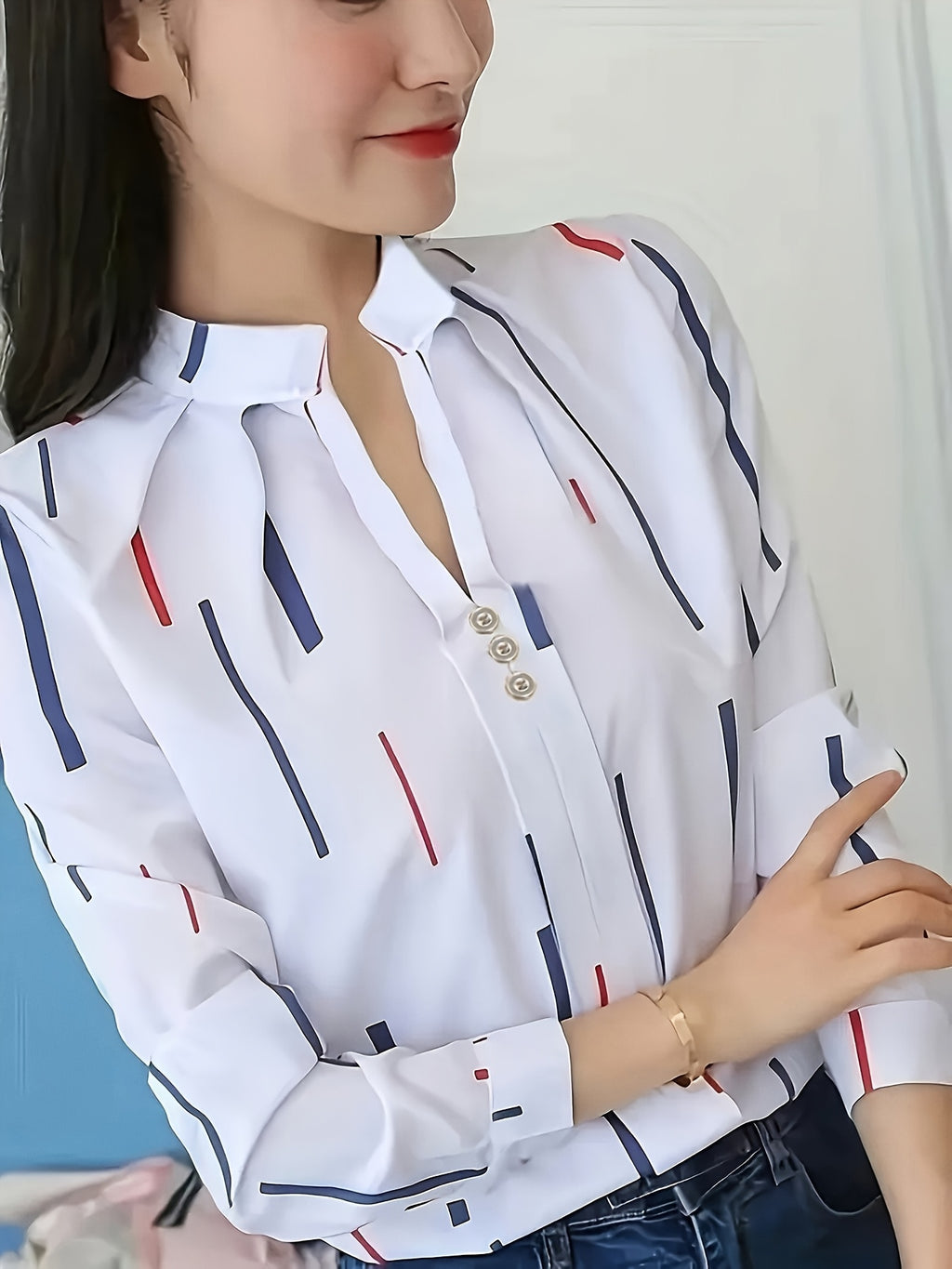 An Elegant Long-Sleeve Shirt for Women Featuring a Striped Print, a Small Stand Collar, And Exquisite Buttons, Perfect for Commuting And Daily Outings in Spring And Summer. A Beautiful Women'S Shirt, Summer Top, Long-Sleeve V-Neck, Stylish Blouse - Red And Blue Stripes