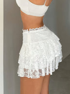 Women's Sexy Low Waist Flared Mini Skirt, Sheer Lace Trim, Party & Night Out, Breathable Fabric - White